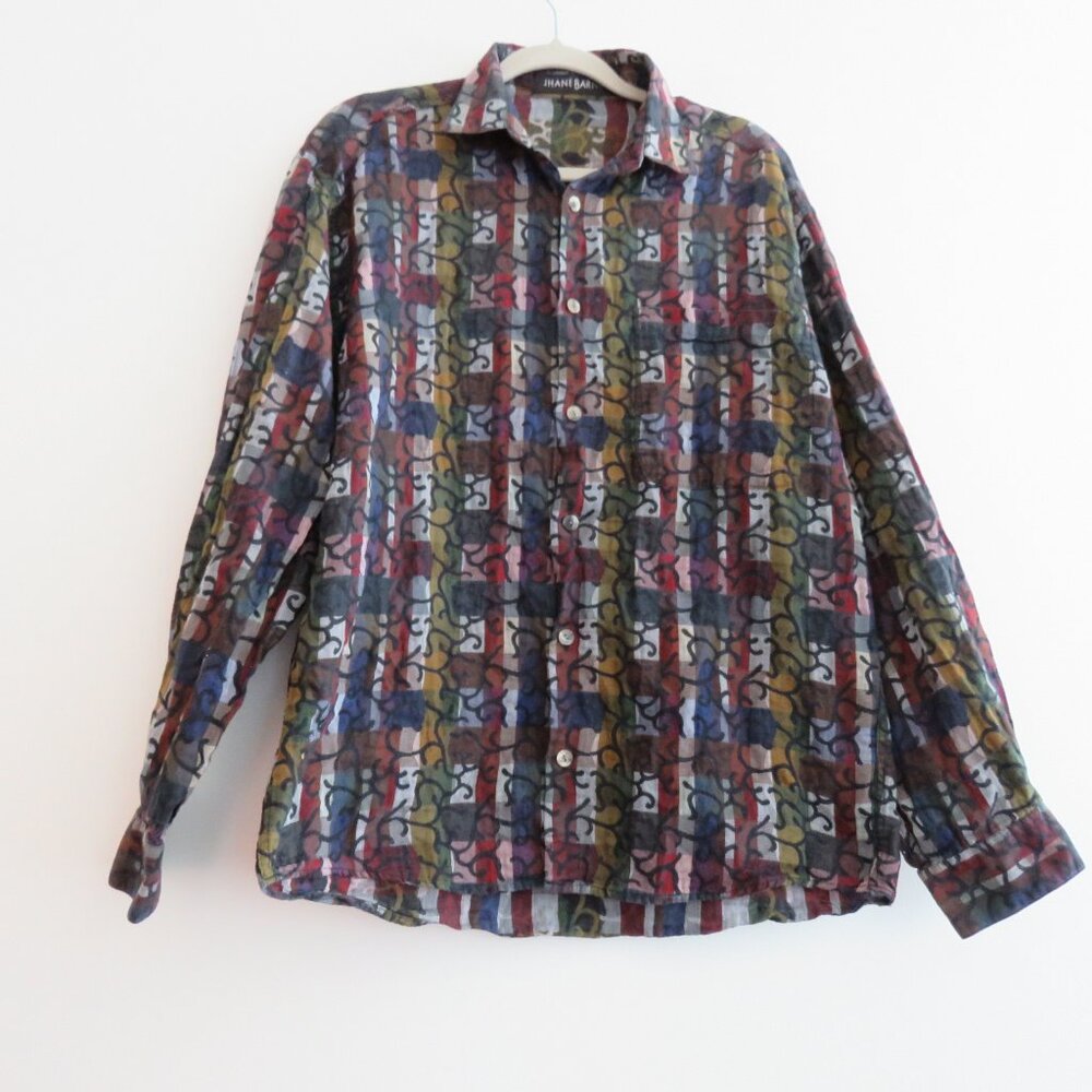 VINTAGE JHANE BARNES Abstract Checked Multicolor Button Down Shirt Men's Size M - Picture 9 of 14